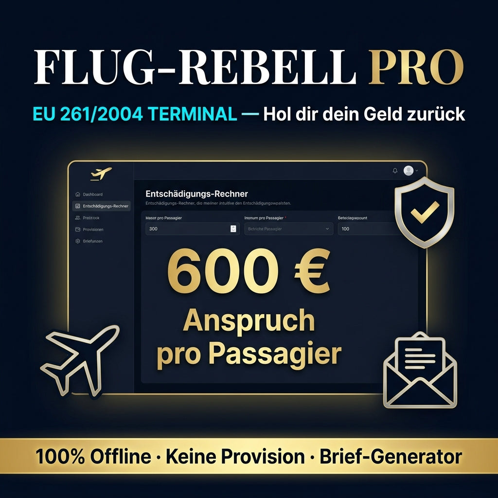 Flug Rebell | Fluggastrechte Entschädigung EU 261 Rechner | Mahnung Musterbrief Airline | Flugverspätung Koffer weg | Offline Tool