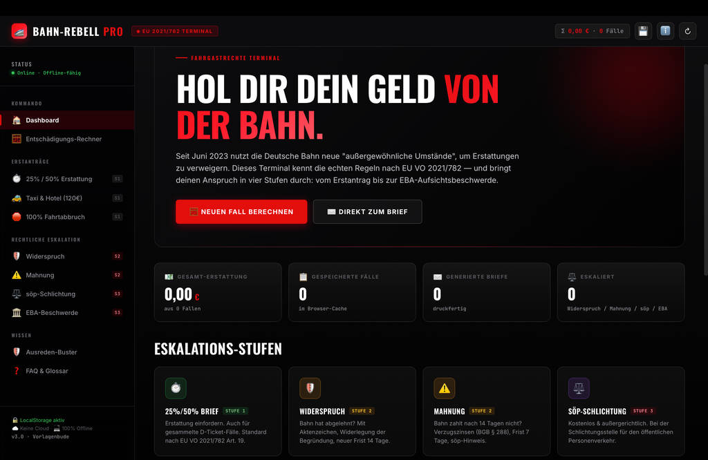 Bahn Rebell PRO | Fahrgastrechte Entschädigung Rechner | Deutsche Bahn Verspätung Mahnung | Taxi Hotel Erstattung Musterbrief