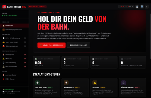 Bahn Rebell PRO | Fahrgastrechte Entschädigung Rechner | Deutsche Bahn Verspätung Mahnung | Taxi Hotel Erstattung Musterbrief