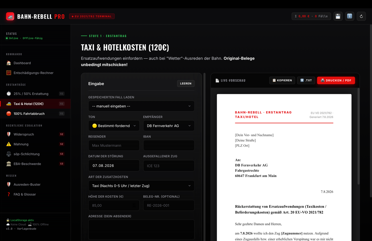 Bahn Rebell PRO | Fahrgastrechte Entschädigung Rechner | Deutsche Bahn Verspätung Mahnung | Taxi Hotel Erstattung Musterbrief