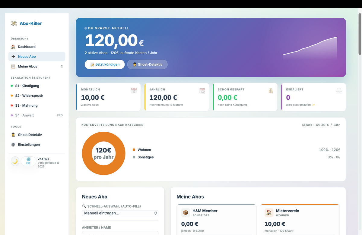 Abo-Killer ULTIMATE | Finanz-Dashboard & Kündigungs-Generator | Abofalle kündigen | Spar-Tracker Vorlage | Haushaltsbuch | Geld sparen Tool