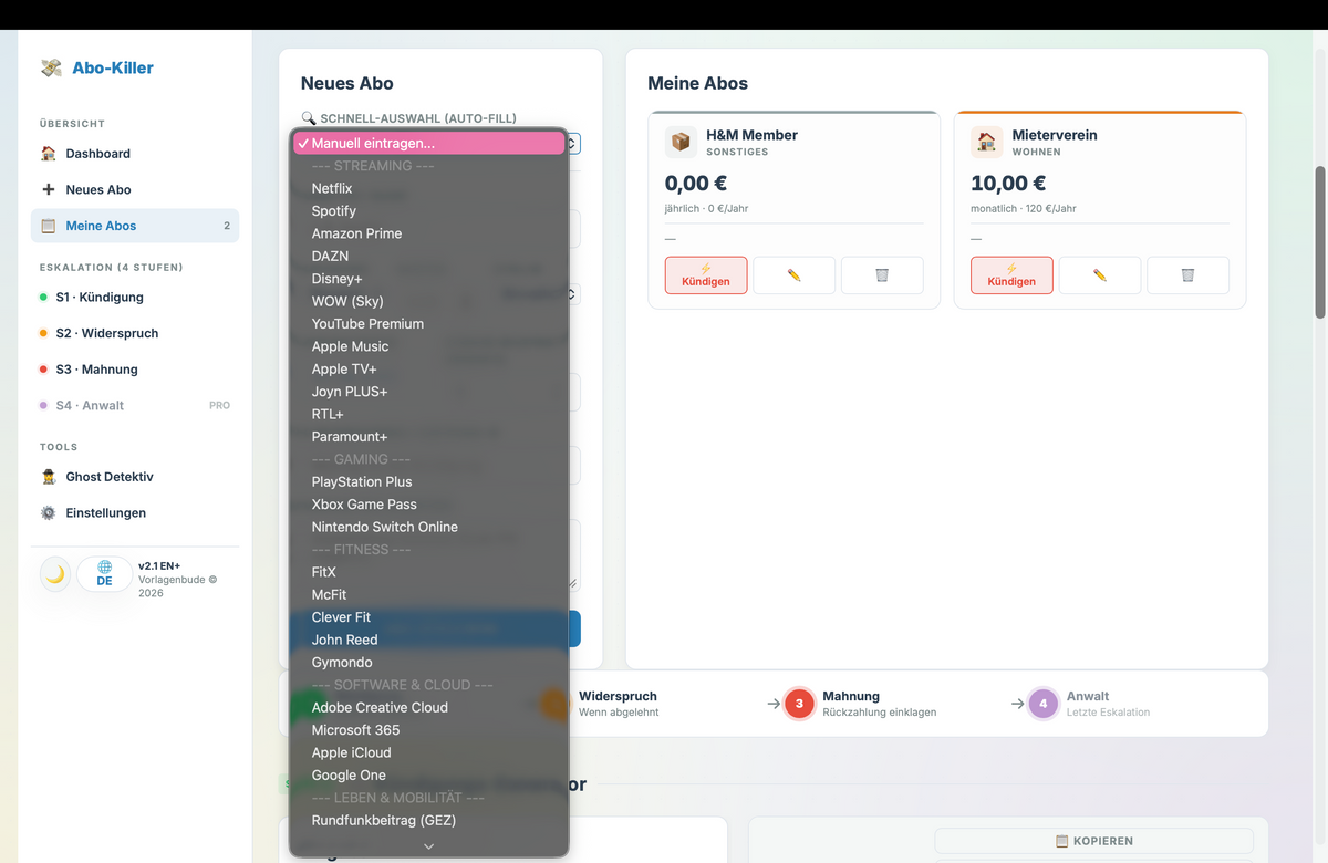 Abo-Killer ULTIMATE | Finanz-Dashboard & Kündigungs-Generator | Abofalle kündigen | Spar-Tracker Vorlage | Haushaltsbuch | Geld sparen Tool