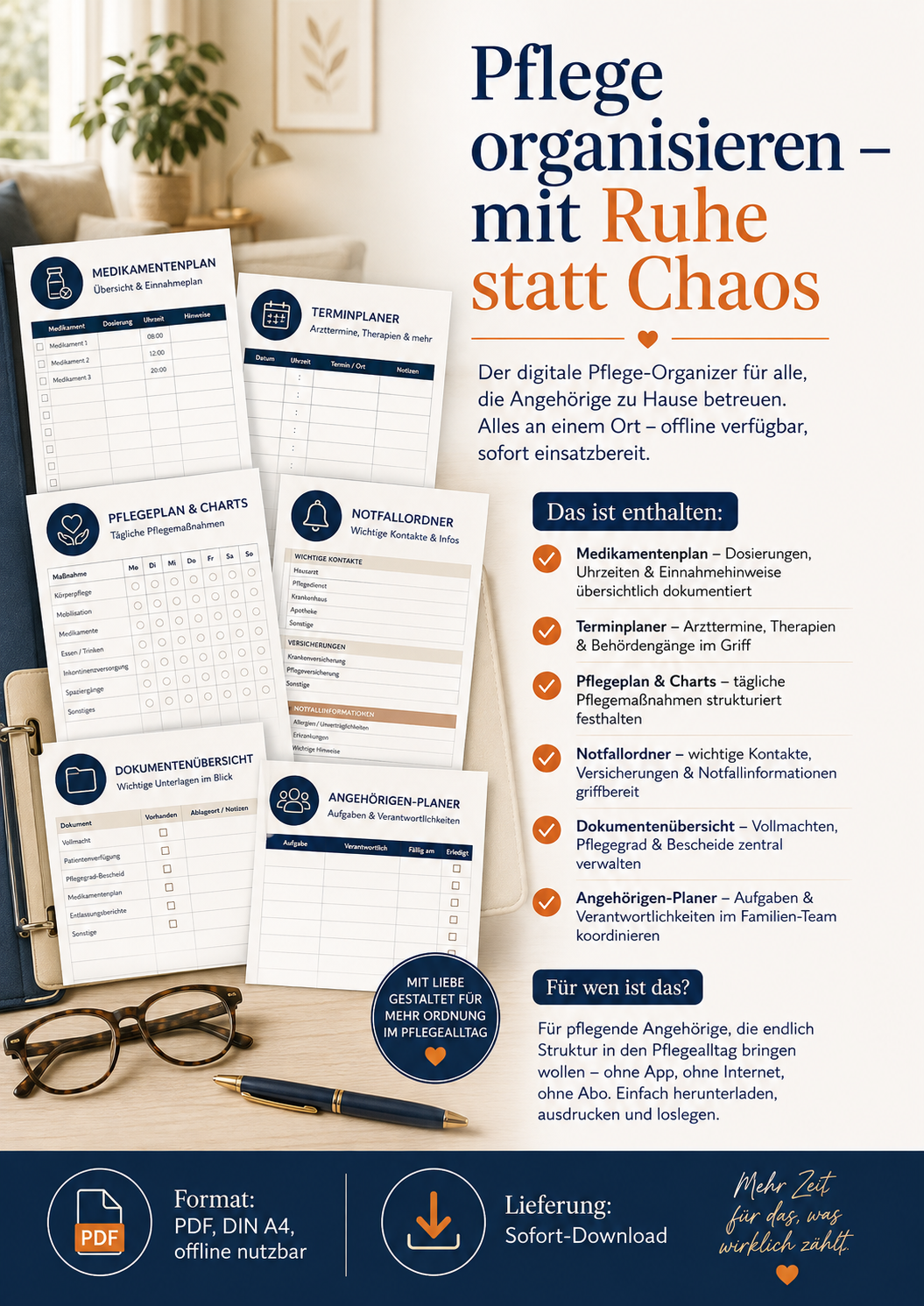 Caregiver Command Center Pro+ - Offline Pflege Organizer | Medikamentenplan, Termine, Dokumente, Notfall, Pflegeplan & Charts