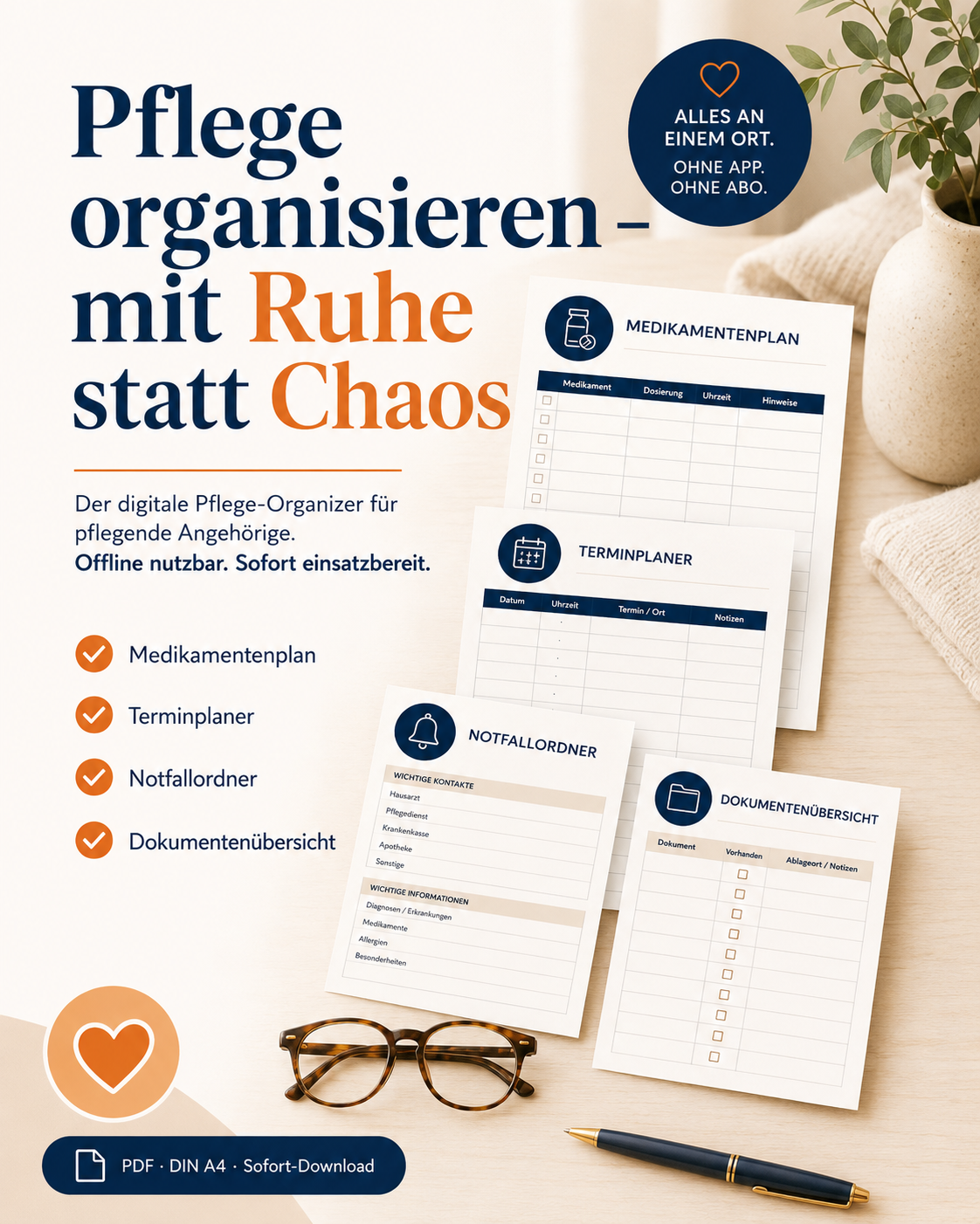 Caregiver Command Center Pro+ - Offline Pflege Organizer | Medikamentenplan, Termine, Dokumente, Notfall, Pflegeplan & Charts